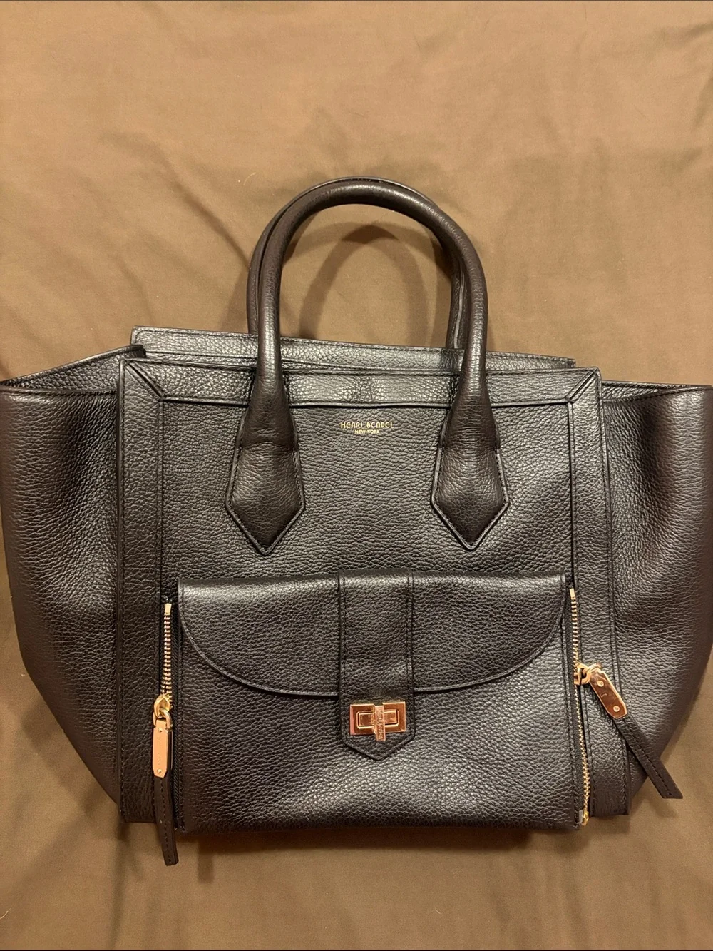 Henri Bendel Black Pebbled Leather Tote with Front detachable clutch
